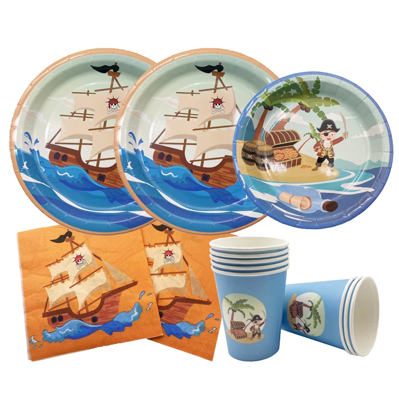 

New Pirate themed Party Disposable Paper Plate Cup Napkin Happy Birthday Baby Shower Party Table Decoration Supplies