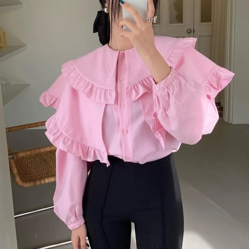 Женская двухслойная блузка с оборками элегантная розовая воротником в Корейском