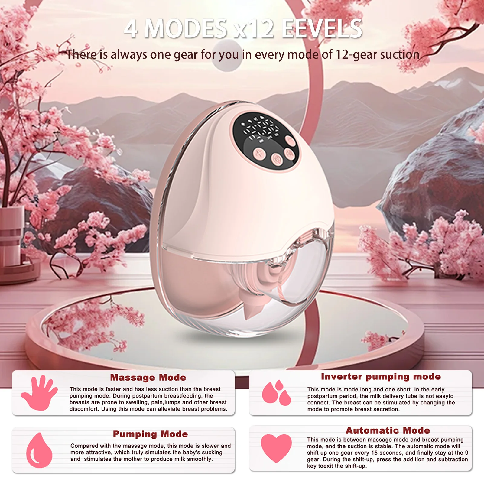 Hands Free Breast Pump 4 Modes 12Levels Auto Stop Wearable Breast Pump BPA-free Safe Double-Sealed Electric Cordless