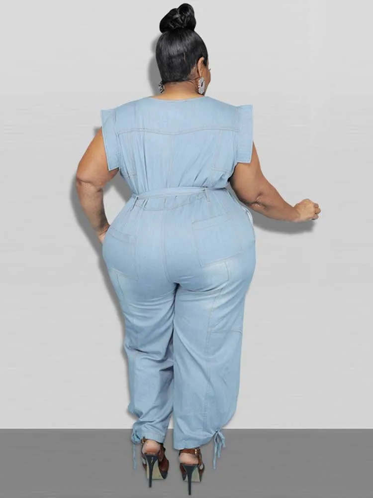 Women Clothes Summer Denim One Piece Overalls Casual Elegant Long Jumpsuits Female Pants Jumpsuit Plus Size Jean Jumpsuit 4