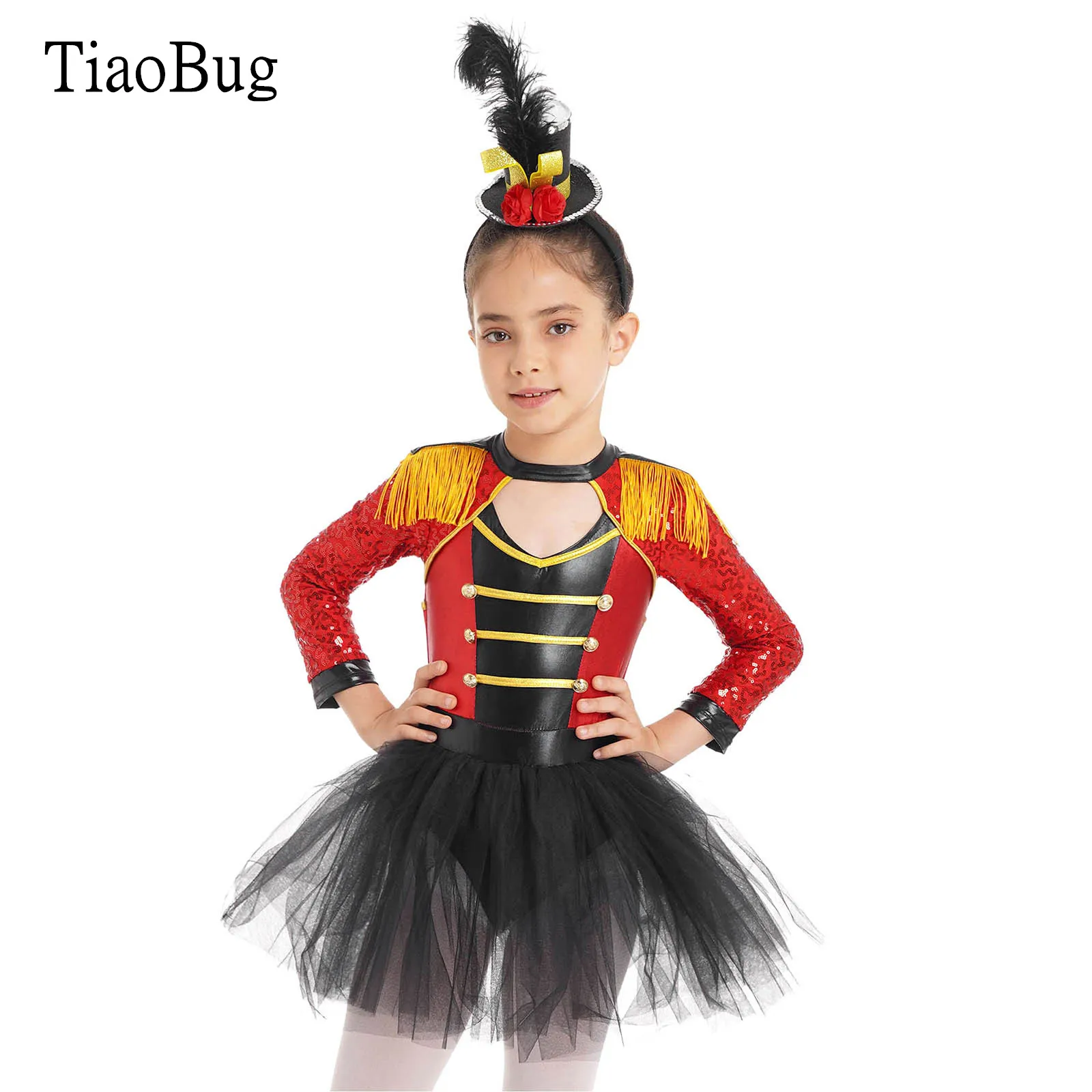 

Kids Girls Magician Circus Dress Up Costumes Long Sleeve Sequin Tassel Epaulet Tutu Skirt Built-in Brief Stage Garment