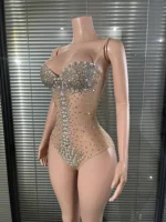 Glamorous Nude Sparkly Rhinestones Pearl Bodysuit See Through Leotard Bar DJ Singer Team Jazz Dance Stage Wear Nightclub Stage - Image 2