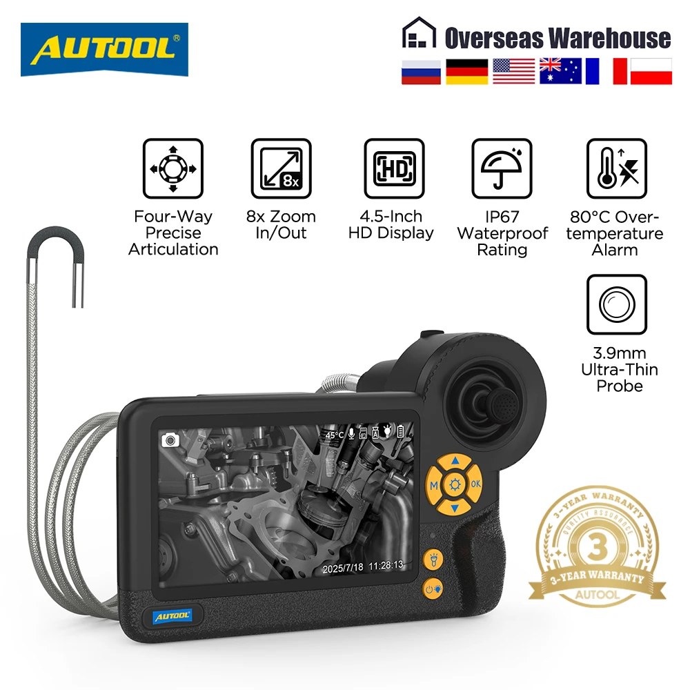 AUTOOL SVB408 360 ° 관절형 내시경 3.9mm 4방향 1m 와이어 IPS 자동차 검사 카메라 6개 조절 가능 LED 조명