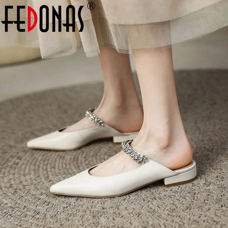 

FEDONAS Fashion Spring Summer Women Pumps Low Heels Pointed Toe Sandals Sexy Party Rhinestone Genuine Leather Shoes Woman Mules