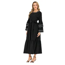 

Woman Dress Spring/Autumn Middle East Muslim Fashion Embroidery Petal Sleeve Dress Long Sleeve Dubai Turkey Long Dresses Belt
