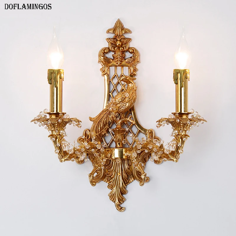 

French Retro Villa Luxury Copper Art Bird LED Wall Light Home Living Room Study Bedroom Mirrors Corridor Wall Sconce Lamp