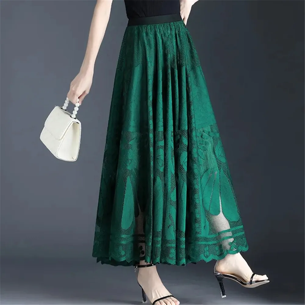 Black Lace Ruffles Tulle Skirt Women\'S Autumn Winter New A-Line Long Skirt Office Ladies Big Swing Gauze Hollow Pleated Skirt
