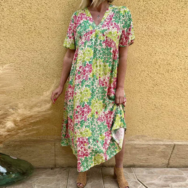 

Fashion Pattern Print V Neck Holiday Beach Dress Women Casual Short Sleeve Pleated Long Dress New Summer High Street Loose Dress