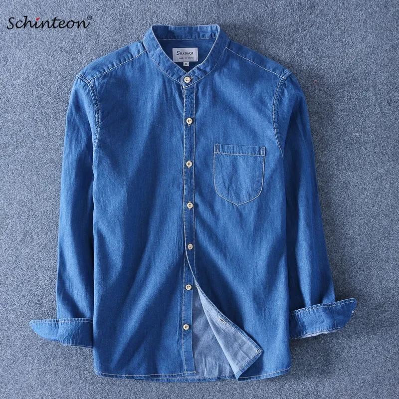 Schinteon Men Long Sleeved Denim Shirt Pure Cotton O-Neck Stand Collar Slim Slight Elastic Jeans Simple Solid Color Top