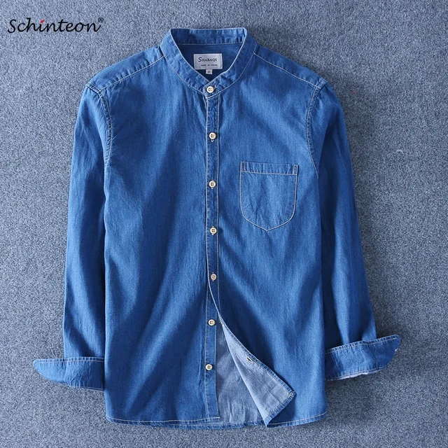 Schinteon Men Long Sleeved Denim Shirt 100% Pure Cotton O-Neck Stand Collar  Slim Slight