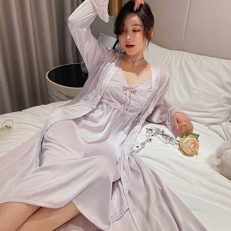 

Twinset Robe Set Women Bathrobe Gown Suit Spring Female Lace Kimono Sleepwear Nightdress Casual Silky Satin Homewear