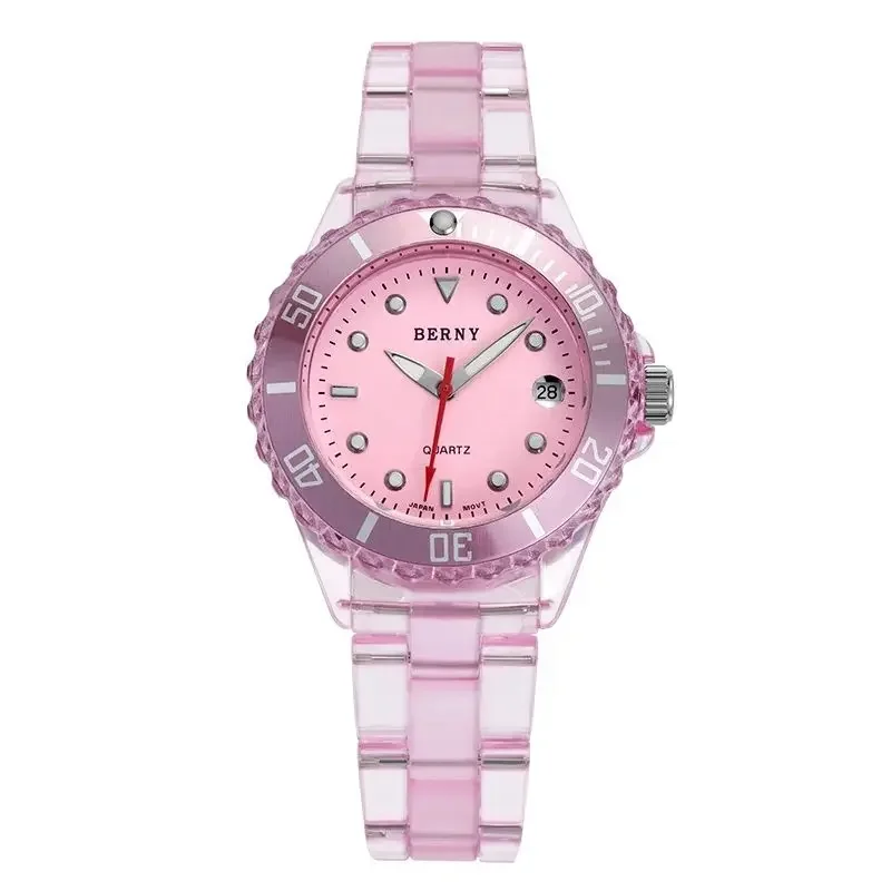 BERNY Quartz Watch Girls Fashion Quartz Wristwatch 3ATM Waterproof Ladies Watches translucent crystal pink peach