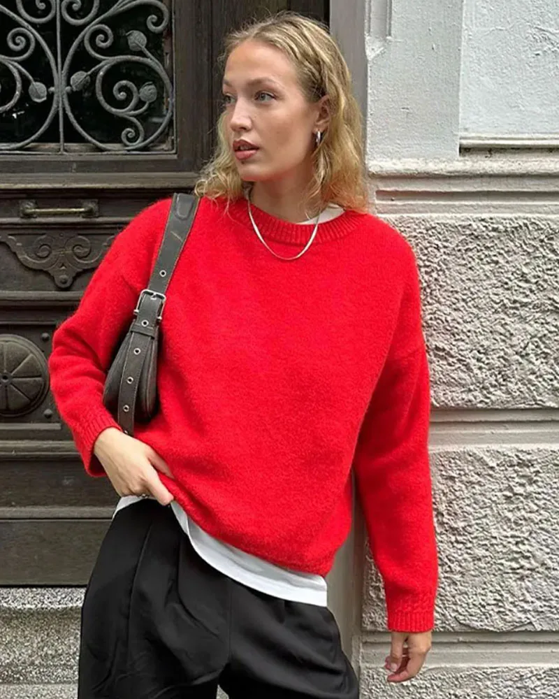 

TRAF Winter Solid Sweaters For Women Elegant Long Sleeves Thicken Warm Tops Korean O-neck Loose Knitted Pullovers Female Autumn