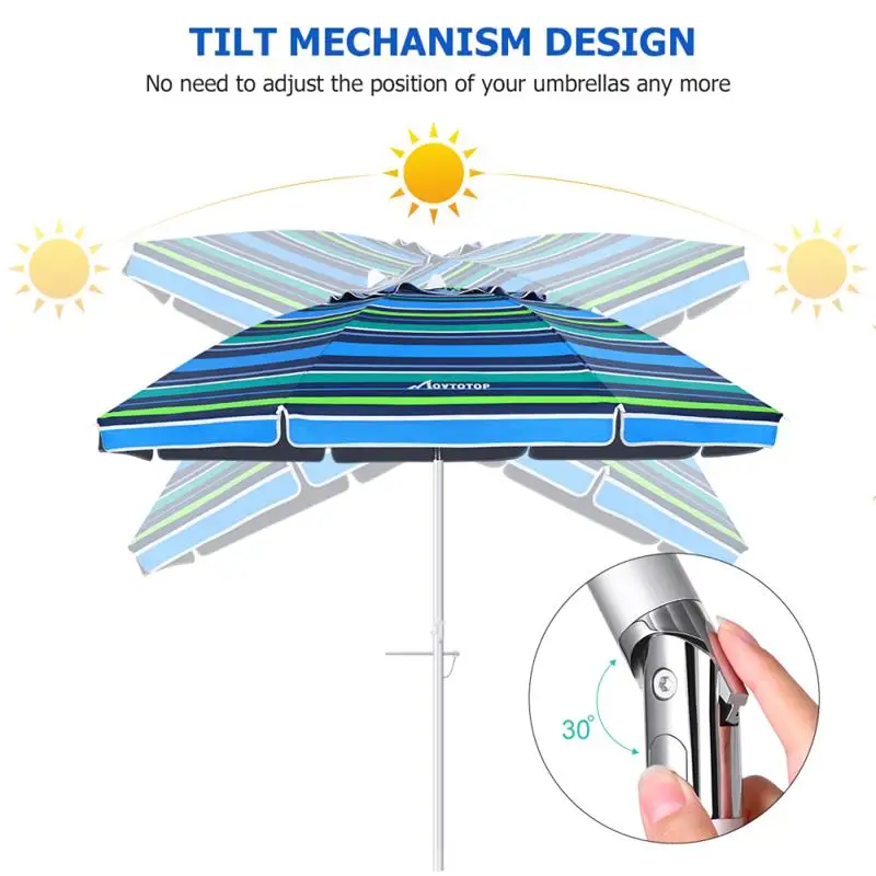 MOVTOTOP 6.5ft Beach Umbrella Striped Sun Shelter UV Protection Breathable Windproof Beach Umbrella for Beach Travel