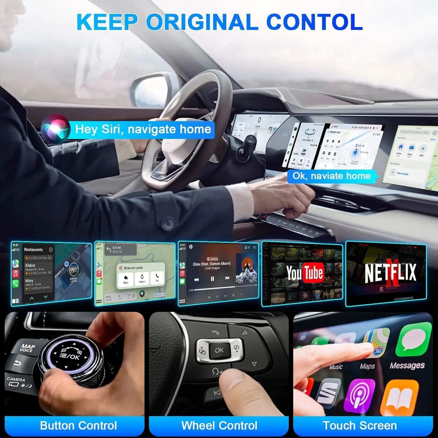 무선 CarPlay/안드로이드 Auto 비디오 어댑터, 지연 없이 YouTube/Netflix/TikTok 영상 시청 지원, 플러그 앤 플레이