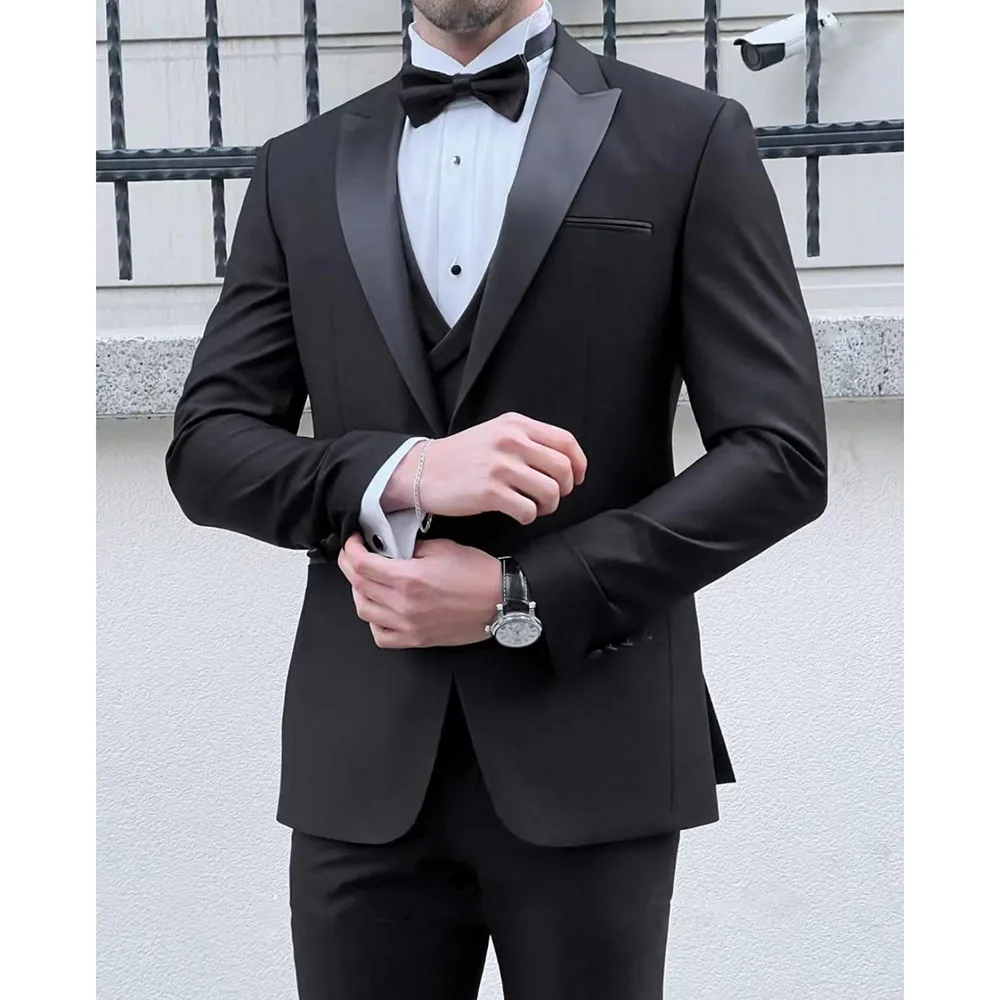 New Wedding Men Black Satin Peaked Lapel Suits Business Casual Formal Costume Homme Slim Fit 3 Pcs Set Jacket Vest Pants