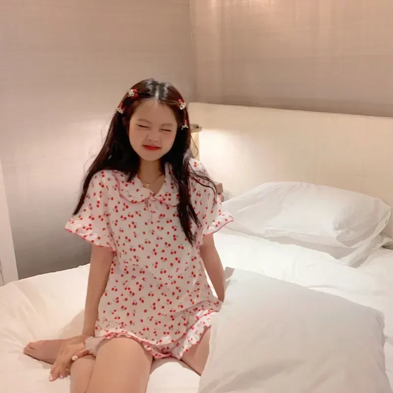 

Cotton Set Pijama Cherry Pyjamas Korean 100% Female Loungewear Cute Print for 2023 Pajamas Sleepwear 2 Summer Piece Women
