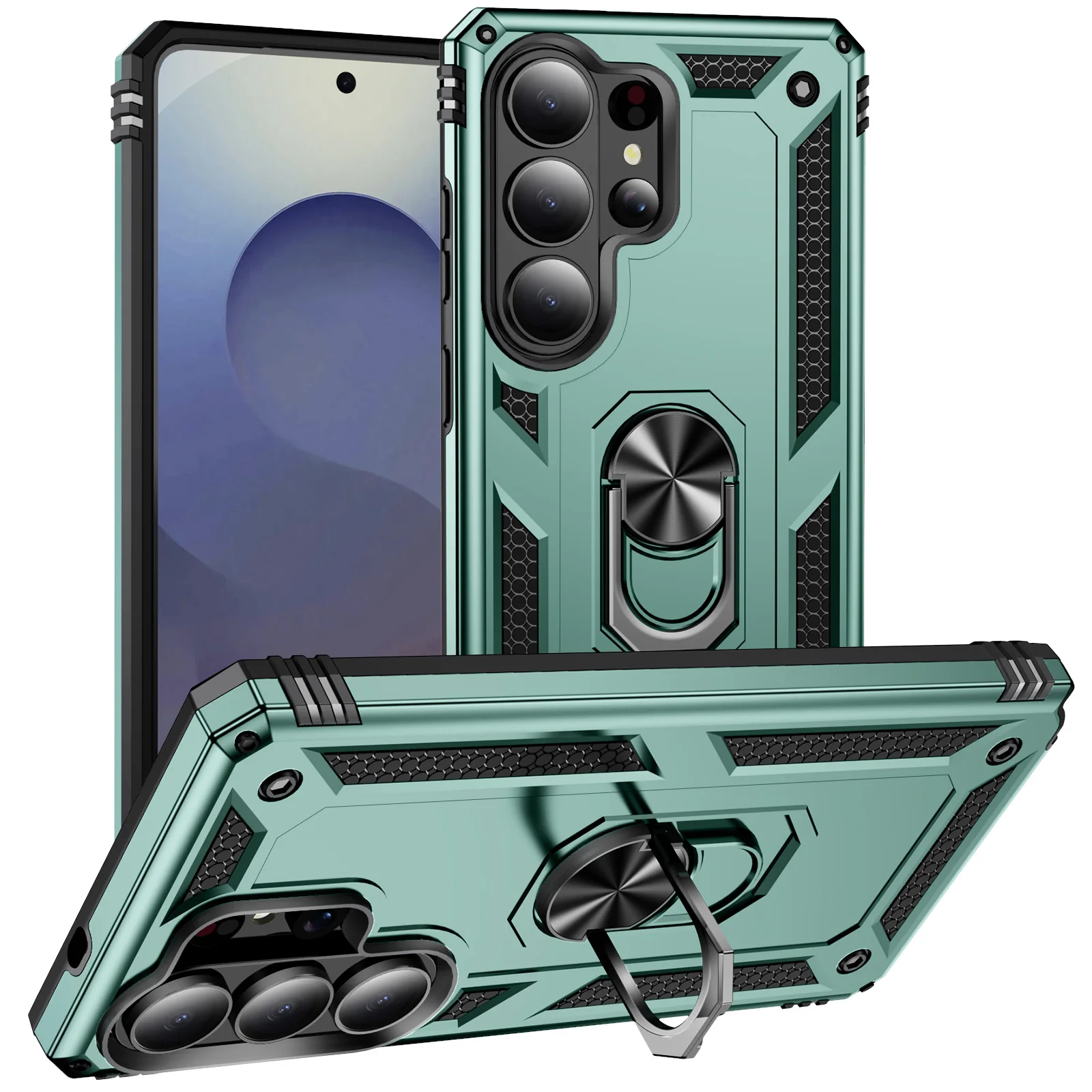 Durable Shockproof Phone Case with Metal Stand and Dual Layer Protection