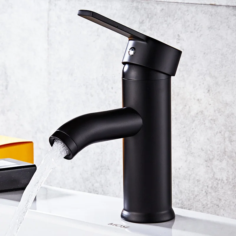 

Single hole cold and hot water faucet tap Black paint stainless steel matte washbasin faucet Basin Faucets Bathroom Fixture