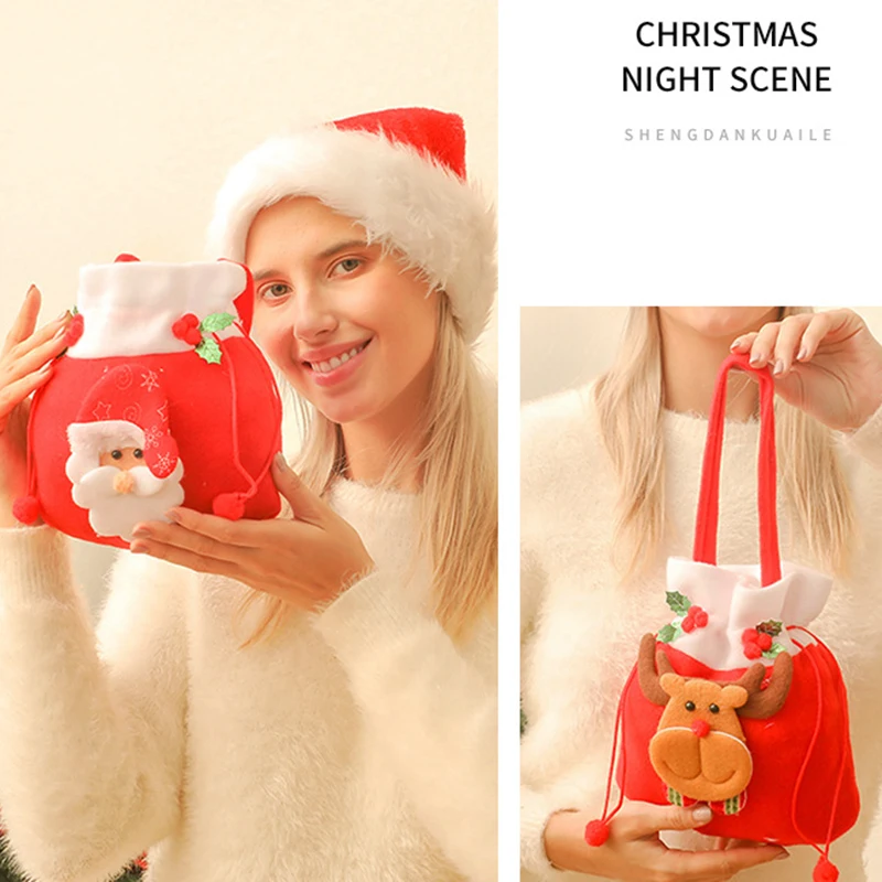 4Pcs Christmas Bags Drawstring Flannel Xmas Gifts Bag Santa Sack Children Gift Storage Bag New Year Candy Pouch Snowman Elk Bear gift bags christmas gift bags