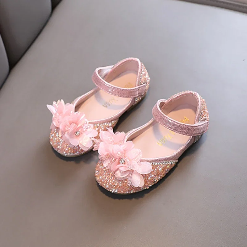 Leather Girls Ballet Shoes for Spring with Sequins and Glitter