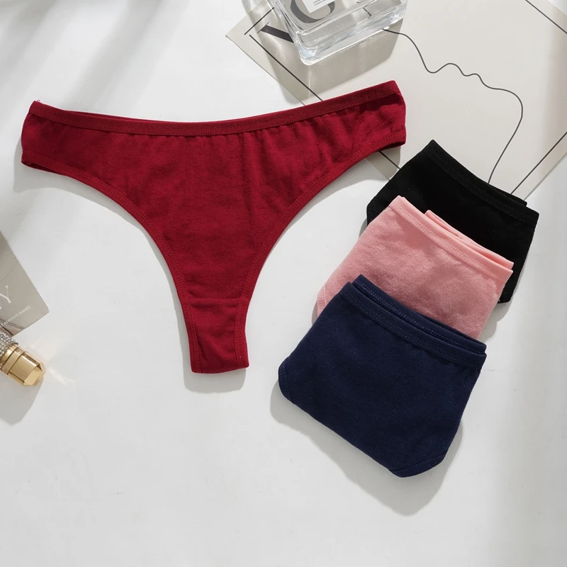 3PCS Cotton Blends T-back Briefs Women's Sexy Low rise Thong Panties L-2XL Plus Size Simple Breathable Underwear Solid Panty