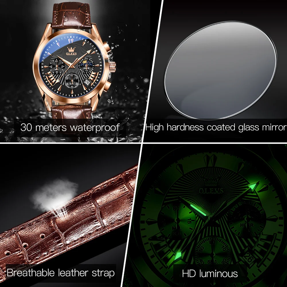 OLEVS 2876 Fashion Business Male's Watches Waterproof Moon Phase Leather Strap Quartz Watch Luminous Original Wristwatch Brand 5