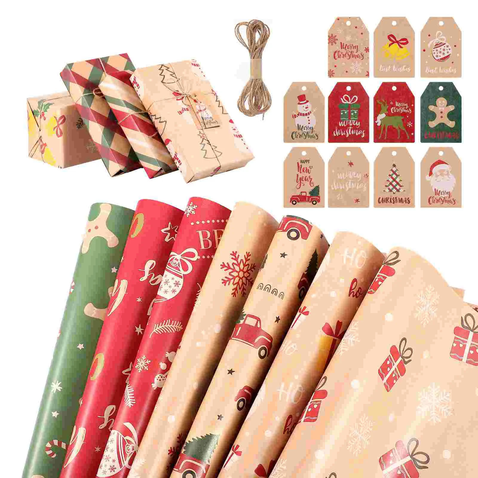 

Cabilock 11pcs Christmas Themed Wrapping Paper Holiday 196x275inch Kraft Packing Paper with 1pc 5m Jute String 11pcs Tags