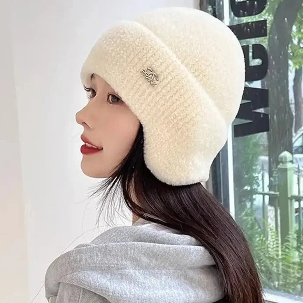 New Women Soft Beanie With Earflap Casual Winter Hat Streetwear Faux Fur Warm Caps For Female