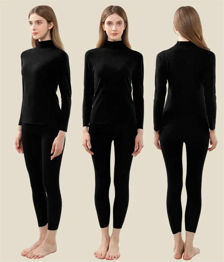 Super Warm Dralon Thermal Underwear set for Women Fleeced Thicken Solid Long Johns Sets Middle-neck Underwear Set for FW25
