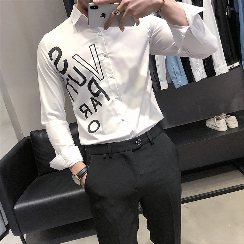 2022 High Quality Letter Printing Dress Shirt Men Long Sleeve Fashion Slim Male Social Casual Business Shirt Black White Shirt