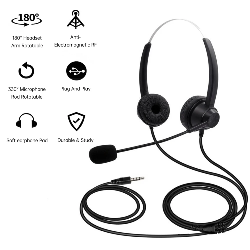 3.5mm Wired Computer Headset with Microphone Dual-ear Headphones Universal Office Call Center Headphone Suitable for Telephone