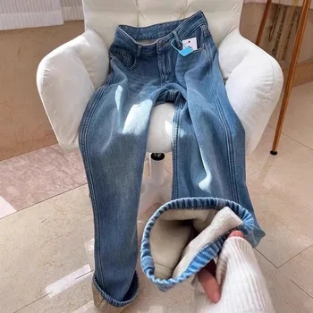 2025 Autumn/Winter Women's Jeans Vintage Narrow Fit Denim With Fleece Linings Loose Straight Wide Leg Pants 1