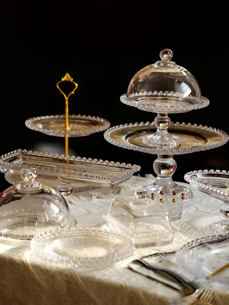 Glass Dessert Table Afternoon Tea Break Solid Color Cake Plate Dessert Rack Fruit Plate Tray Display Rack Set Table High Foot Ra