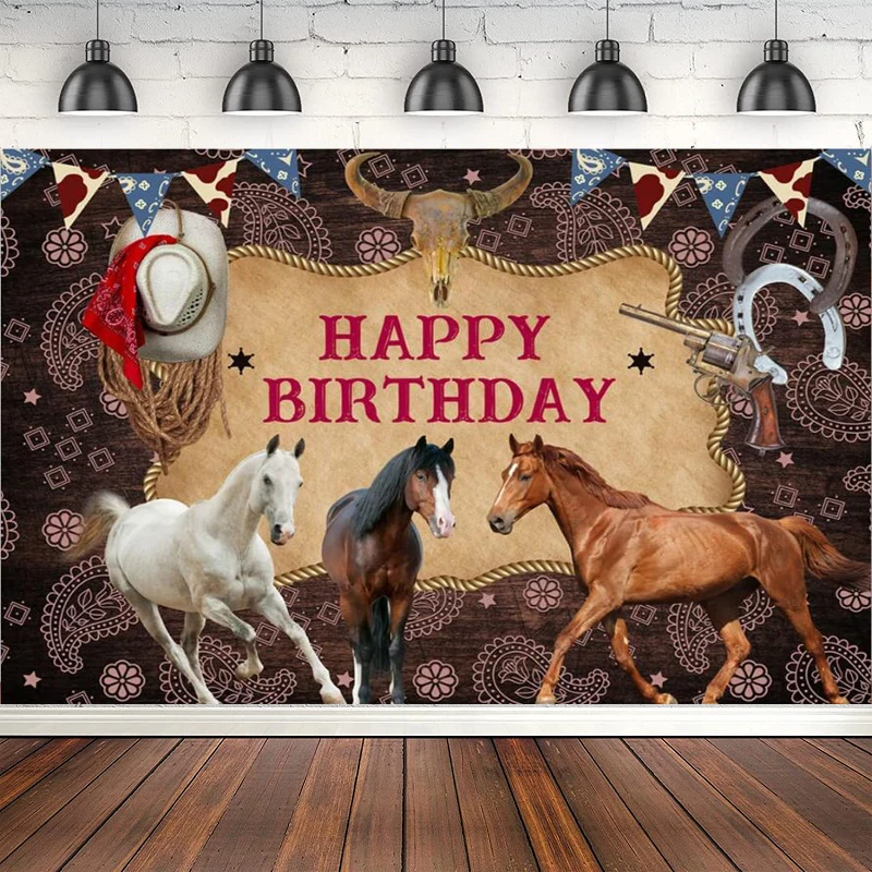 Happy Birthday Party Photography Fondale Horse Rustic Old Wild West Rodeo Cowboy Cowgirl Background Rustic Wood Banner Decor