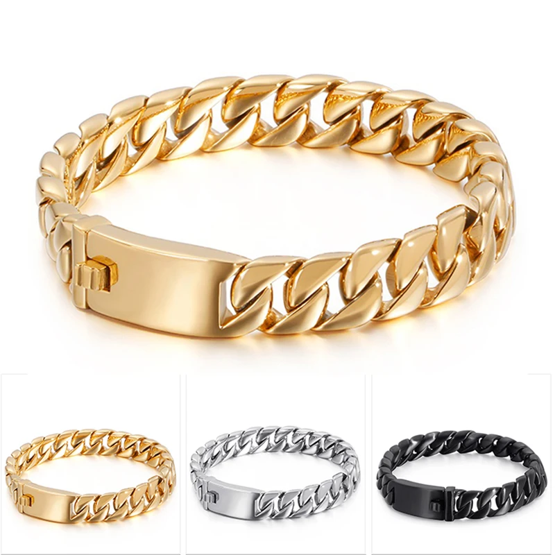 12Mm Punk 18K Gold Plate Curb Cuban Link Chain Bracciale Uomo Donna Hiphop Retro Stainless Steel Bike Biker Wristband Jewelry
