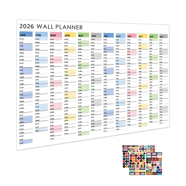 2026 Jaarlijkse wandkalender, poster voor het hele jaar door met stickers, dagelijkse maandplanner, voor personeelsbeheer voor het organiseren van toepassingen