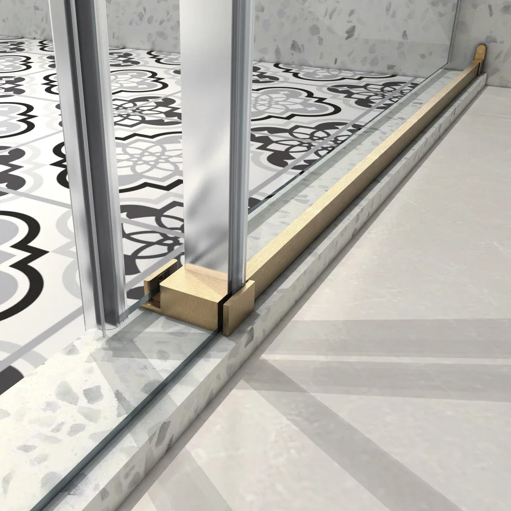 6076 Brushed Gold frameless one fixed and one shifted Shower Door,70MM 304 stainless steel large pulleys with adjustable 3