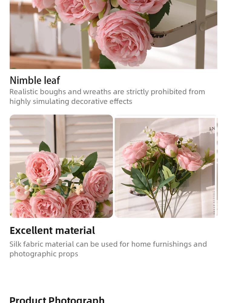 Description Picture 6 of item30cm Rose Pink Silk Bouquet Peony Artificial Flower 5 Big Head 4 Small Bud Bride Wedding Home Decoration Artificial Flower