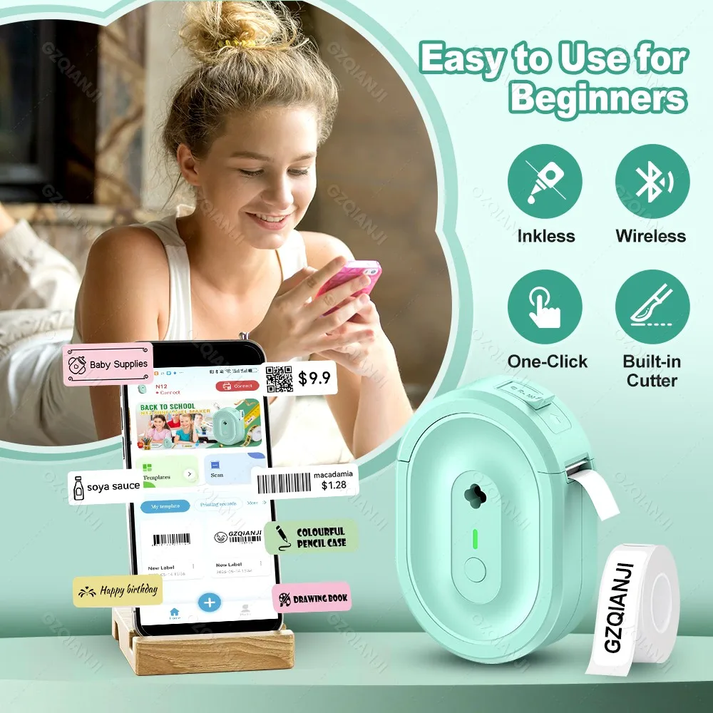GZQIANJI N12 Mini Thermal Label Printer Portable Bluetooth Sticker Maker Wireless Sticker Machine Inkless Labeller Paper Rolls