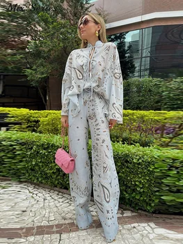 Fashion Printed Two-Piece Outfit Women Full Sleeve Stand Collar Lace Up Shirt Loose Pants 2026 Spring New Lady Casual Streetwear 1