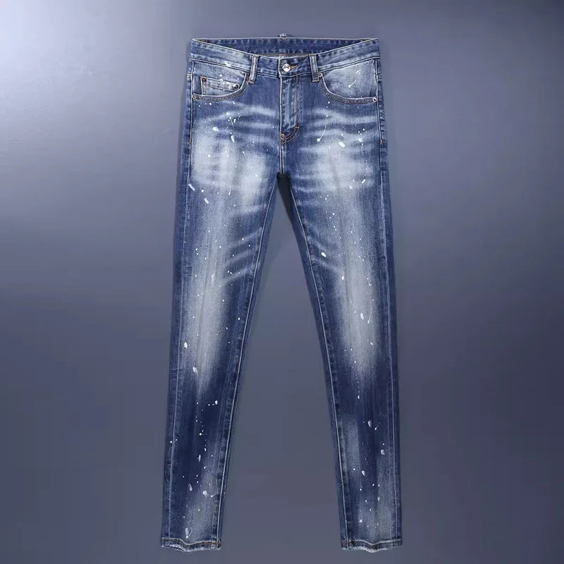 Street Fashion Men Jeans High Quality Retro Blue Stretch Skinny Fit Ripped Jeans Men Painted Designer Vintage Brand Pants Hombre