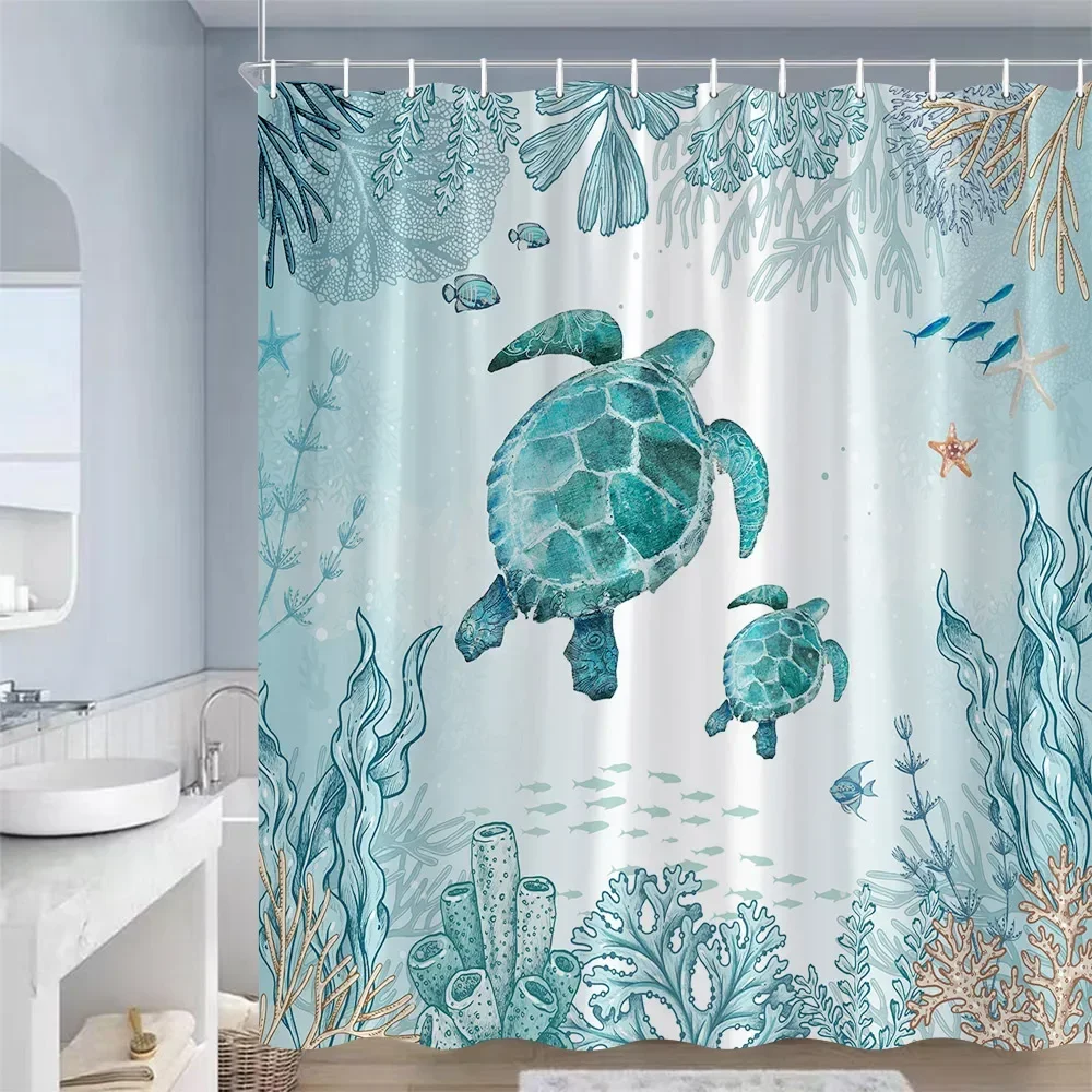 LKFBSC Turtle Shower Curtain Set - Blue Ocean Animal Bathroom Decor With Hooks | Waterproof Polyester 72x72 Inches - View #2