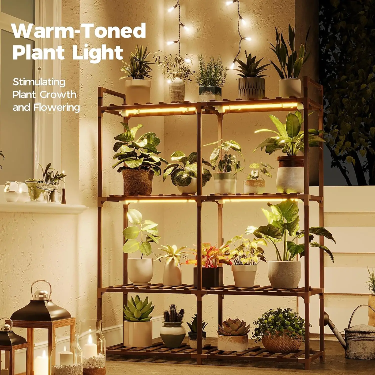 4-Tier Wood Plant Stand with Grow Lights for Indoor Plants, Large Flower Shelf for Patio Living Room Balcony