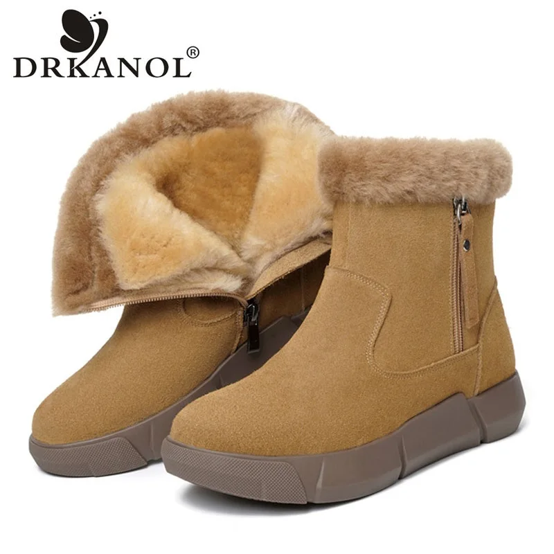 

DRKANOL Women Winter Snow Boots 2024 High Quality Cow Suede Leather Natural Wool Fluffy Fur Shearling Flat Non-Slip Ankle Boots