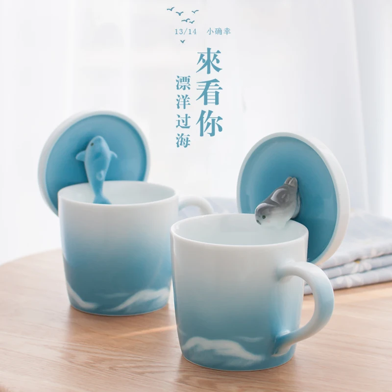 

Simple Ceramic Whale Mugs Cute Water Mugs Coffee Mugs with LIDS Creative Girl Gift Beautiful Looking Couple Ciramic Cup