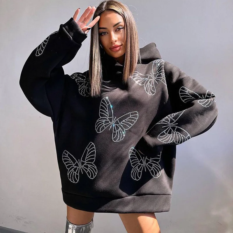 

2023 Autumn Winter Butterfly Hot Diamond New Black Hooded Sweater Women's Spring Long Sleeved Lazy Style Loose Hooded Top