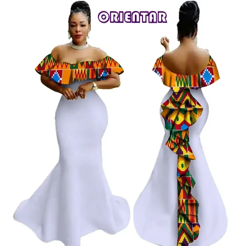 African Wax Print Ruffles Long Dresses Women Party Dress Vestidos Bazin Riche Off Shoulder Ankara Dress Evening Dresses WY2919