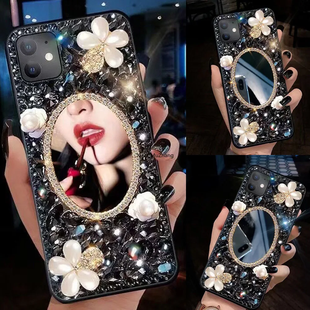

3D Makeup Mirror Black Diamond Gems Rhinestone Bling Capa Case for Samsung Galaxy S8 S9 S10 S20 S21 S22 Plus Ultra S20FE S21FE