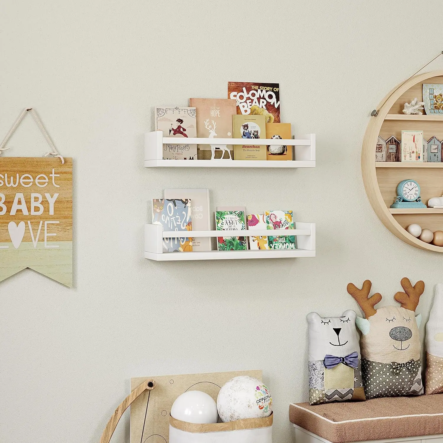 Set of 4 Wall-Mounted Kid's Bookshelf - White Floating Nursery Book Shelves - Durable Wood Construction 4